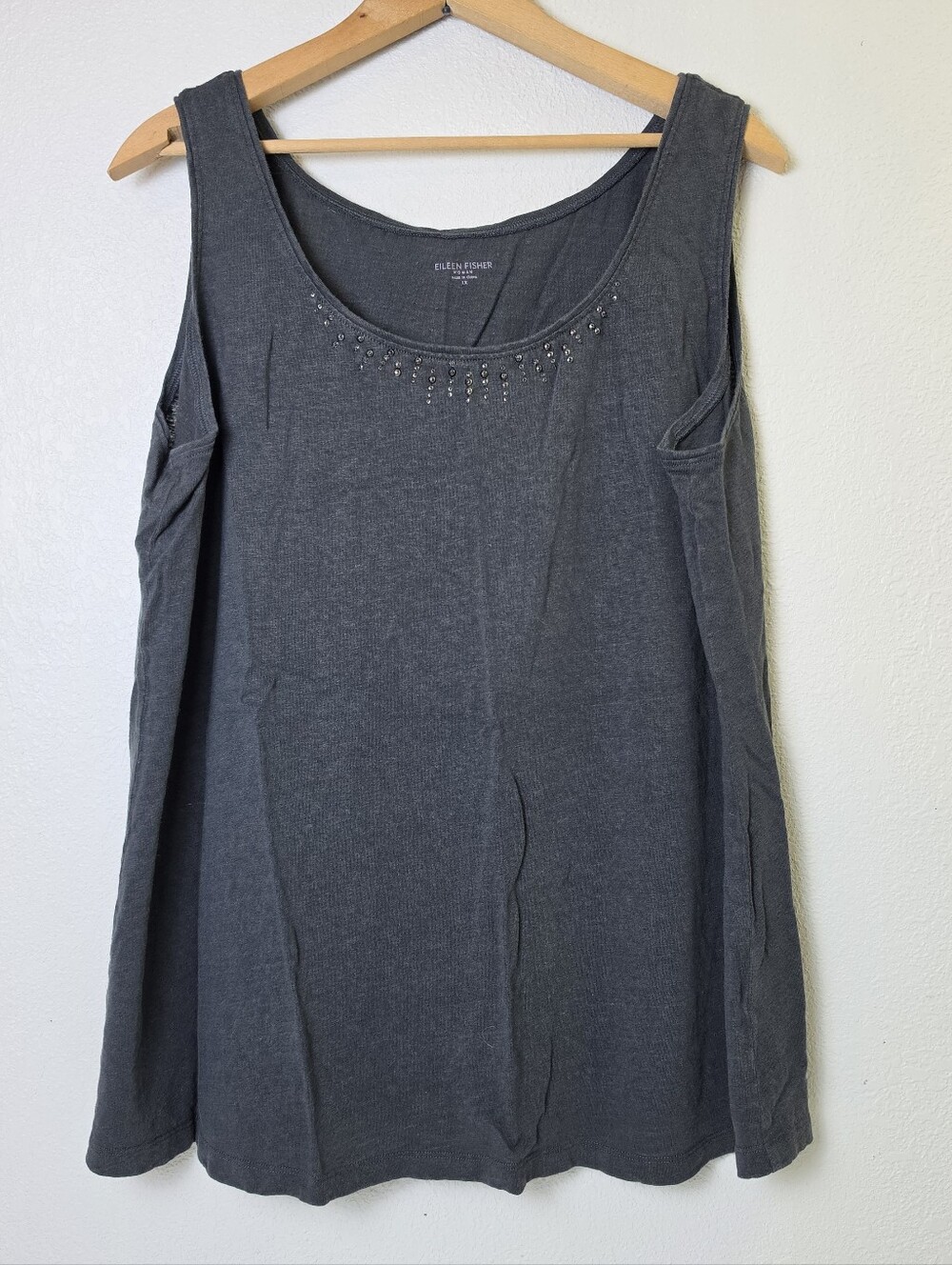 Eileen Fisher Tank Top Embellished Neckline 100% Linen Charcoal Gray Women's 1X